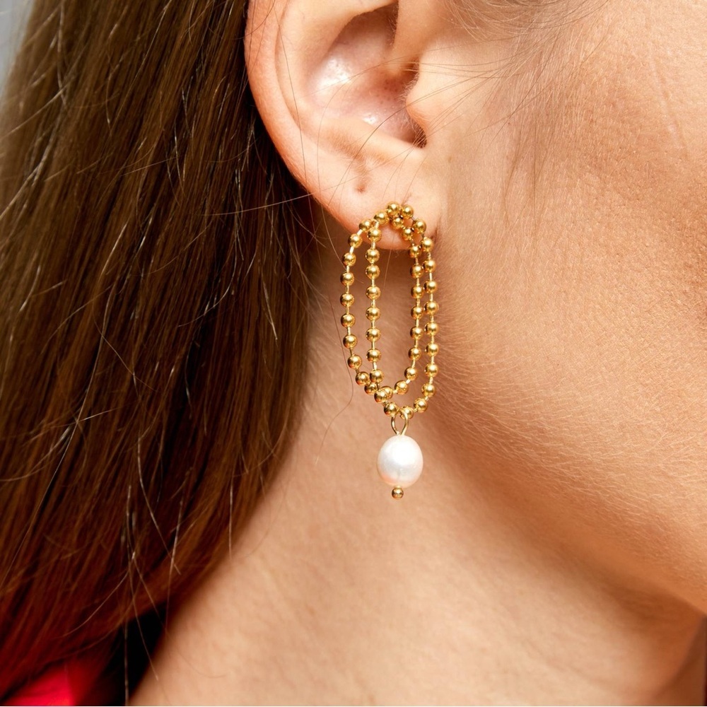 Gold and White Pearl Drop Earrings - Picture 2 of 4